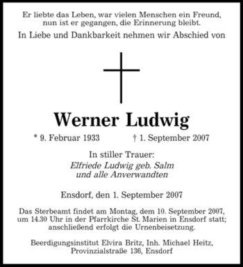 Traueranzeige von Werner Ludwig von SAARLAND WEST