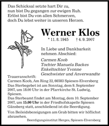 Traueranzeige von Werner Klos von SAARLAND OST