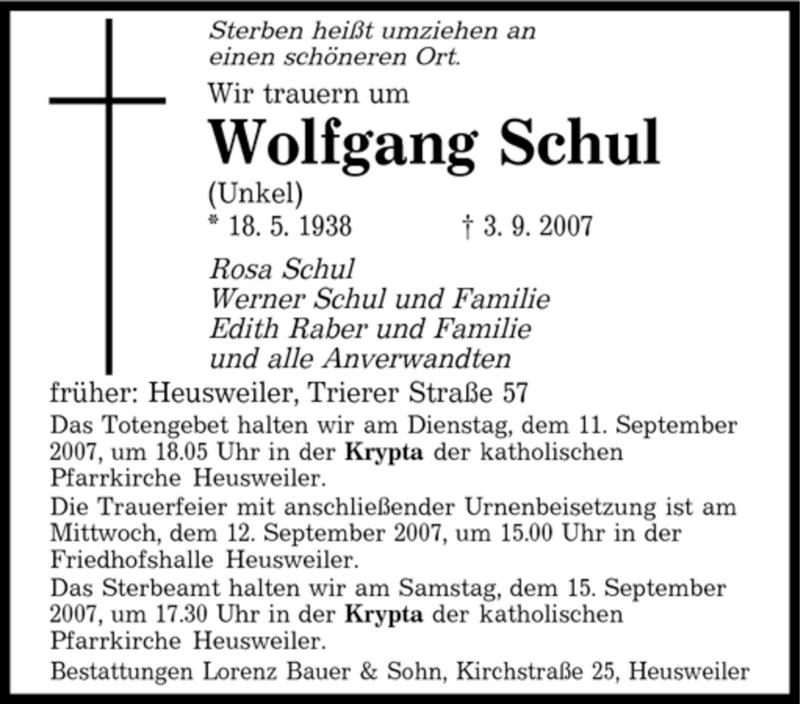  Traueranzeige für Wolfgang Schul vom 08.09.2007 aus STADTVERBAND SAARBRÜCKEN