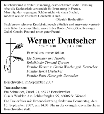 Traueranzeige von Werner Deutscher von SAARBRÜCKER ZEITUNG