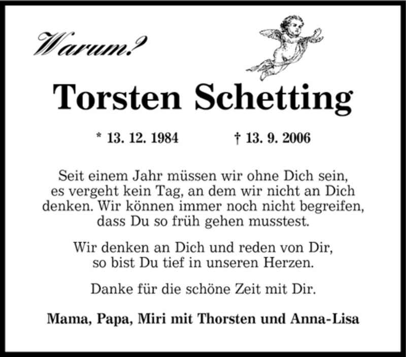  Traueranzeige für Torsten Schetting vom 13.09.2007 aus SAARBRÜCKER ZEITUNG