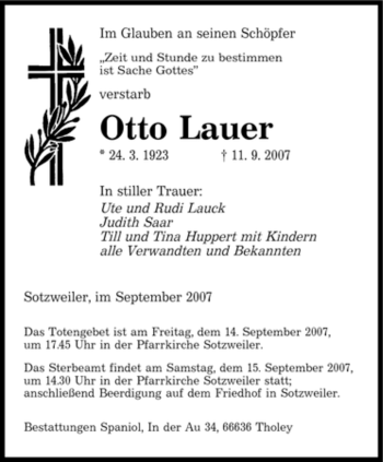 Traueranzeige von Otto Lauer von SAARLAND OST