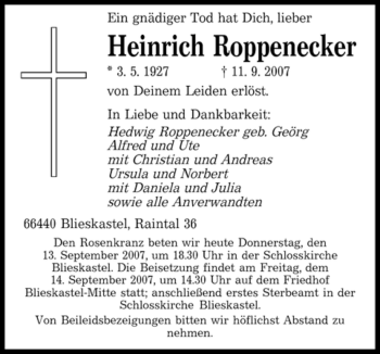 Traueranzeige von Heinrich Roppenecker von SAARLAND OST