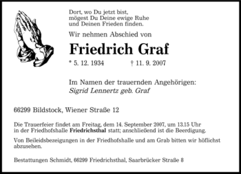Traueranzeige von Friedrich Graf von STADTVERBAND SAARBRÜCKEN
