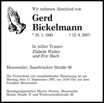 Traueranzeige von Gerd Bickelmann von STADTVERBAND SAARBRÜCKEN