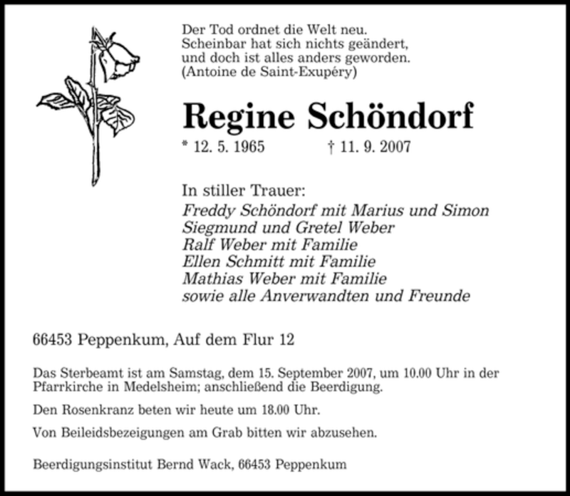  Traueranzeige für Regine Schöndorf vom 14.09.2007 aus SAARLAND OST