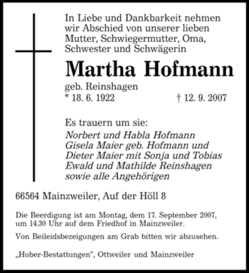 Traueranzeige von Martha Hofmann von SAARLAND OST