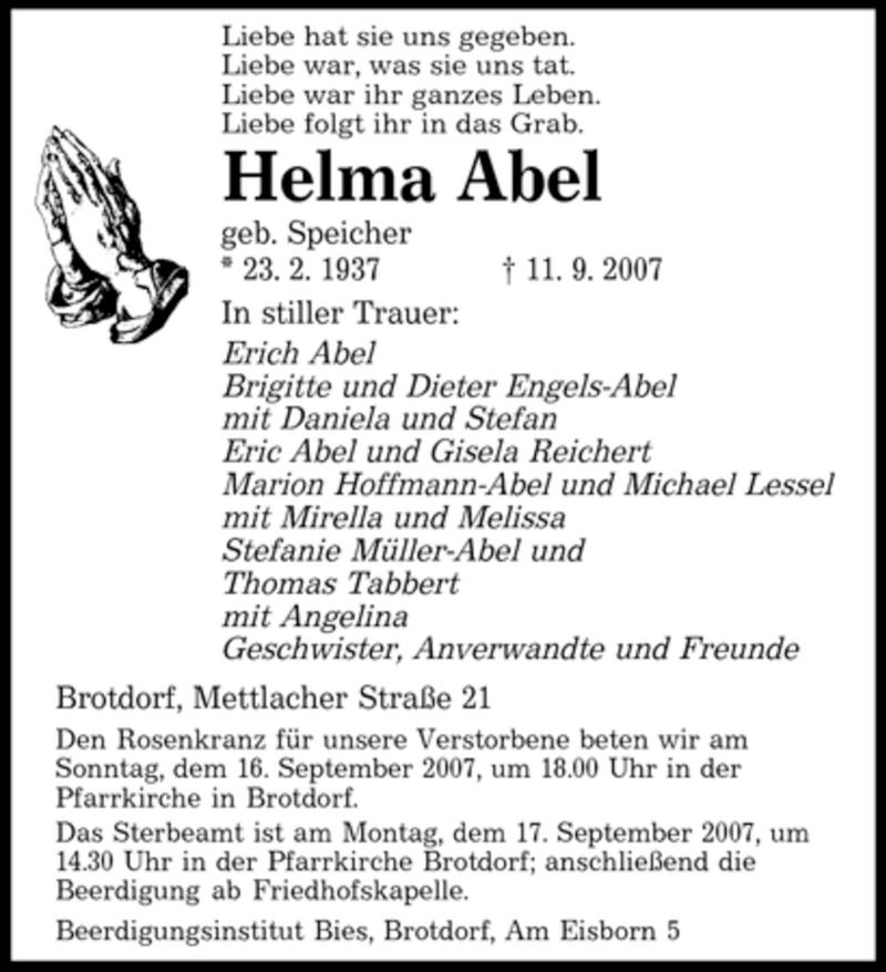  Traueranzeige für Helma Abel vom 14.09.2007 aus SAARLAND WEST