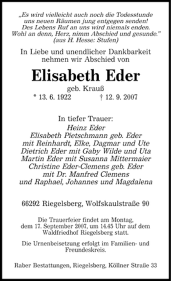 Traueranzeige von Elisabeth Eder von STADTVERBAND SAARBRÜCKEN