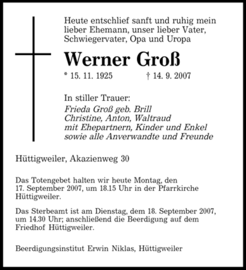  Traueranzeige für Werner Groß vom 17.09.2007 aus SAARLAND OST