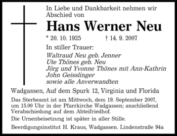 Traueranzeige von Hans Werner Neu von SAARLAND WEST