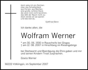 Traueranzeige von Wolfram Werner von SAARBRÜCKER ZEITUNG