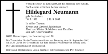 Traueranzeige von Hildegard Neumann von SAARBRÜCKER ZEITUNG