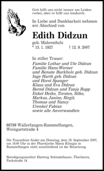 Traueranzeige von Edith Didzun von SAARBRÜCKER ZEITUNG