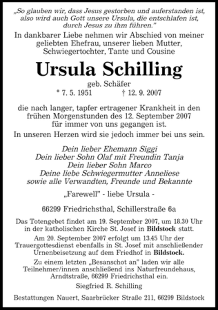  Traueranzeige für Ursula Schilling vom 15.09.2007 aus SAARBRÜCKER ZEITUNG