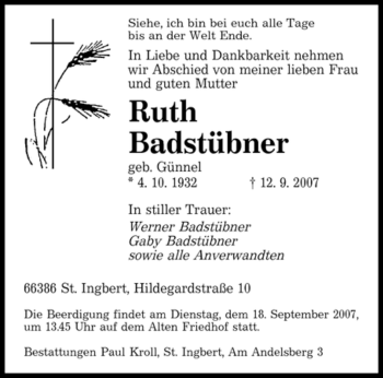 Traueranzeige von Ruth Badstübner von SAARBRÜCKER ZEITUNG