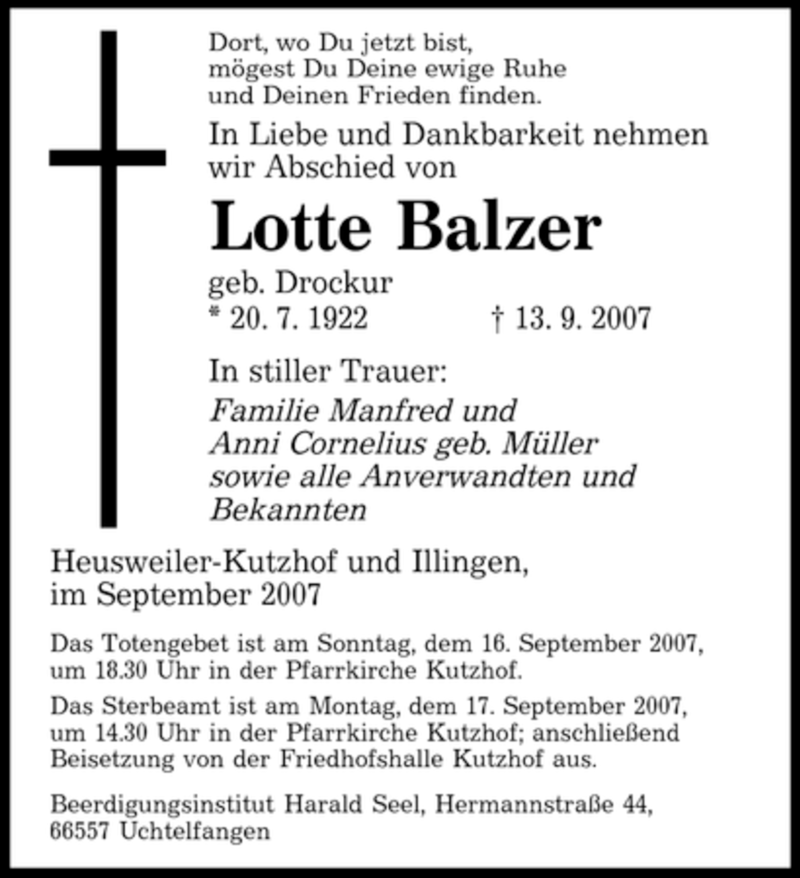  Traueranzeige für Lotte Balzer vom 15.09.2007 aus SAARBRÜCKER ZEITUNG