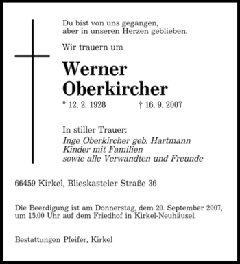 Traueranzeige von Werner Oberkircher von SAARBRÜCKER ZEITUNG