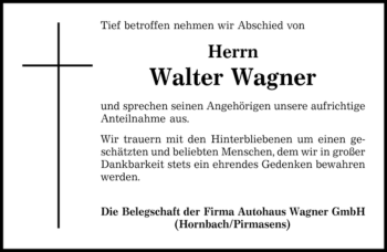 Traueranzeige von Walter Wagner von SAARBRÜCKER ZEITUNG