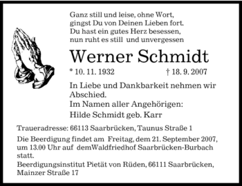 Traueranzeige von Werner Schmidt von SAARBRÜCKER ZEITUNG