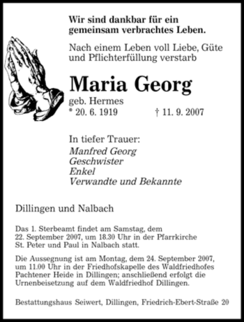 Traueranzeige von Maria Georg von SAARBRÜCKER ZEITUNG