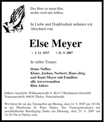 Traueranzeige von Else Meyer 