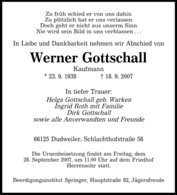 Traueranzeige von Werner Gottschall von SAARBRÜCKER ZEITUNG