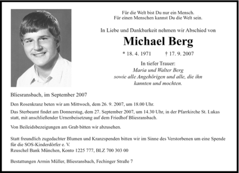  Traueranzeige für Michael Berg vom 24.09.2007 aus SAARBRÜCKER ZEITUNG