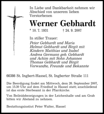 Traueranzeige von Werner Gebhardt von SAARBRÜCKER ZEITUNG