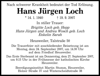 Traueranzeige von Hans Jürgen Loch von SAARBRÜCKER ZEITUNG