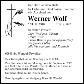 Traueranzeige von Werner Wolf von SAARBRÜCKER ZEITUNG