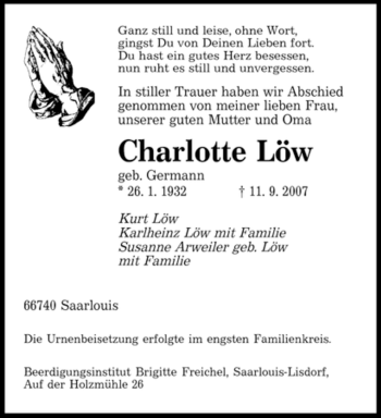 Traueranzeige von Charlotte Löw von SAARBRÜCKER ZEITUNG