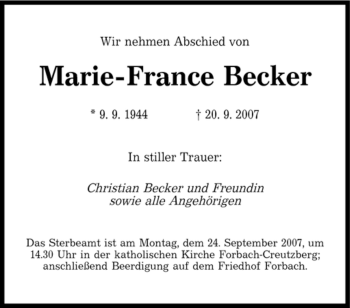 Traueranzeige von Marie-France Becker von SAARBRÜCKER ZEITUNG