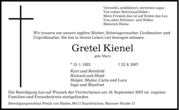 Traueranzeige von Gretel Kienel von SAARBRÜCKER ZEITUNG