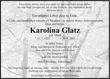 Traueranzeige von Karolina Glatz von SAARBRÜCKER ZEITUNG