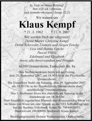 Traueranzeige von Klaus Kempf von SAARBRÜCKER ZEITUNG