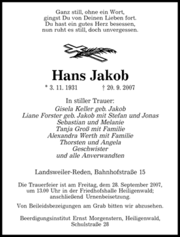 Traueranzeige von Hans Jakob von SAARBRÜCKER ZEITUNG