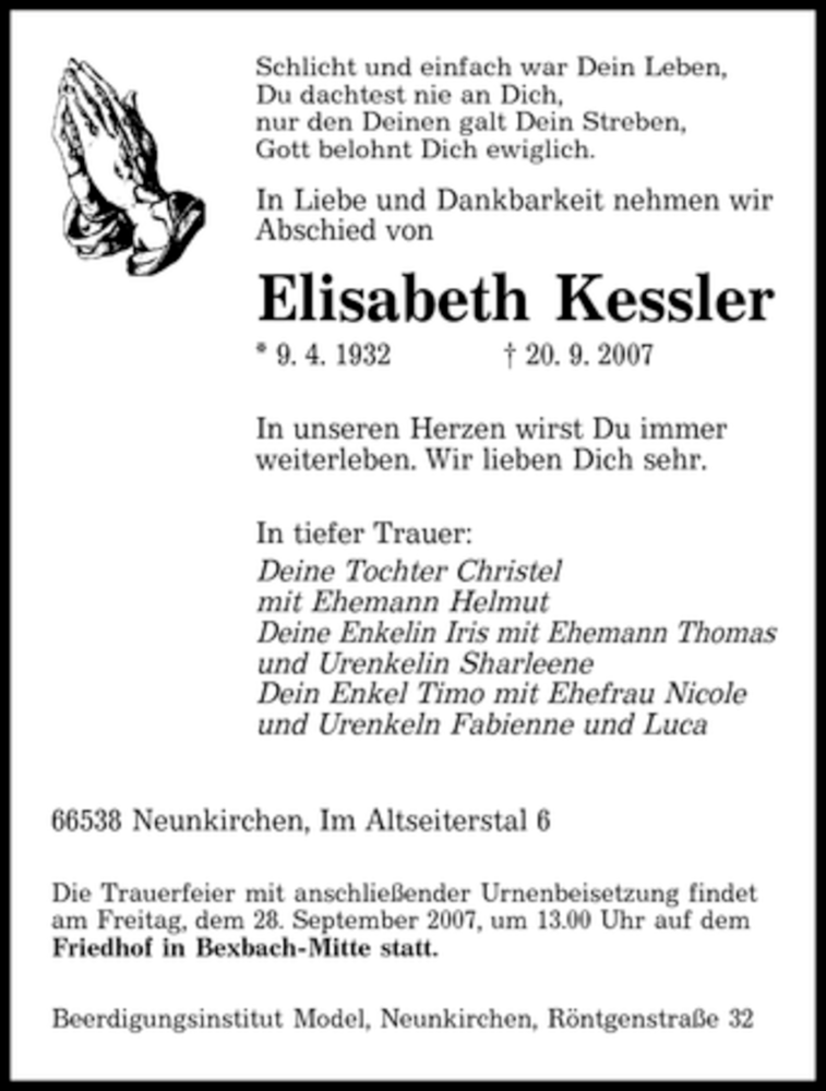  Traueranzeige für Elisabeth Kessler vom 26.09.2007 aus SAARBRÜCKER ZEITUNG