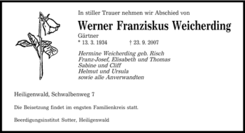 Traueranzeige von Werner Franziskus Weicherding von SAARBRÜCKER ZEITUNG