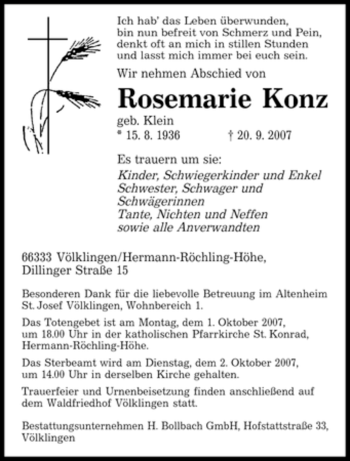 Traueranzeige von Rosemarie Konz von SAARBRÜCKER ZEITUNG