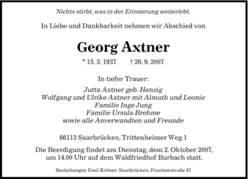 Traueranzeige von Georg Axtner von SAARBRÜCKER ZEITUNG
