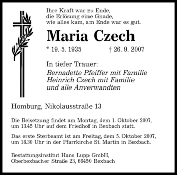 Traueranzeige von Maria Czech von SAARBRÜCKER ZEITUNG