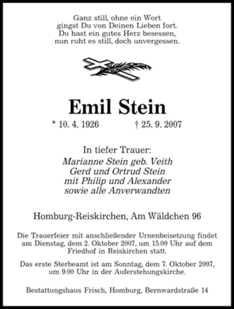  Traueranzeige für Emil Stein vom 29.09.2007 aus SAARBRÜCKER ZEITUNG