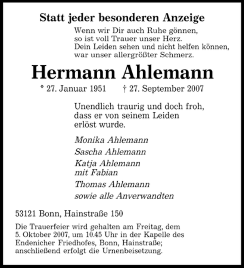 Traueranzeigen von Hermann Ahlemann | Saarbruecker-Zeitung.Trauer.de