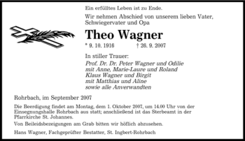 Traueranzeige von Theo Wagner von SAARBRÜCKER ZEITUNG