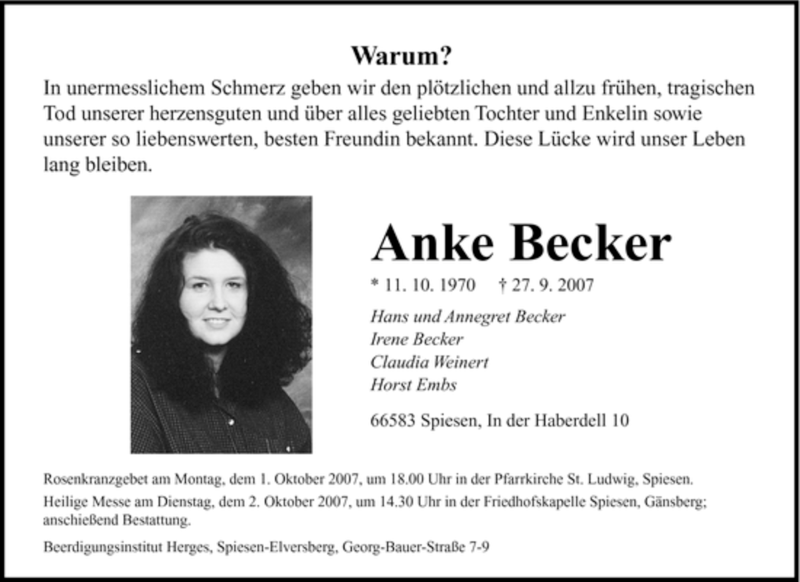  Traueranzeige für Anke Becker vom 29.09.2007 aus SAARBRÜCKER ZEITUNG