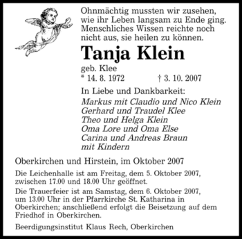 Traueranzeige von Tanja Klein von SAARBRÜCKER ZEITUNG