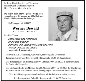 Traueranzeige von Werner Dewald von SAARBRÜCKER ZEITUNG