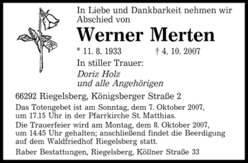 Traueranzeige von Werner Merten von SAARBRÜCKER ZEITUNG