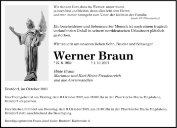 Traueranzeige von Werner Braun von SAARBRÜCKER ZEITUNG